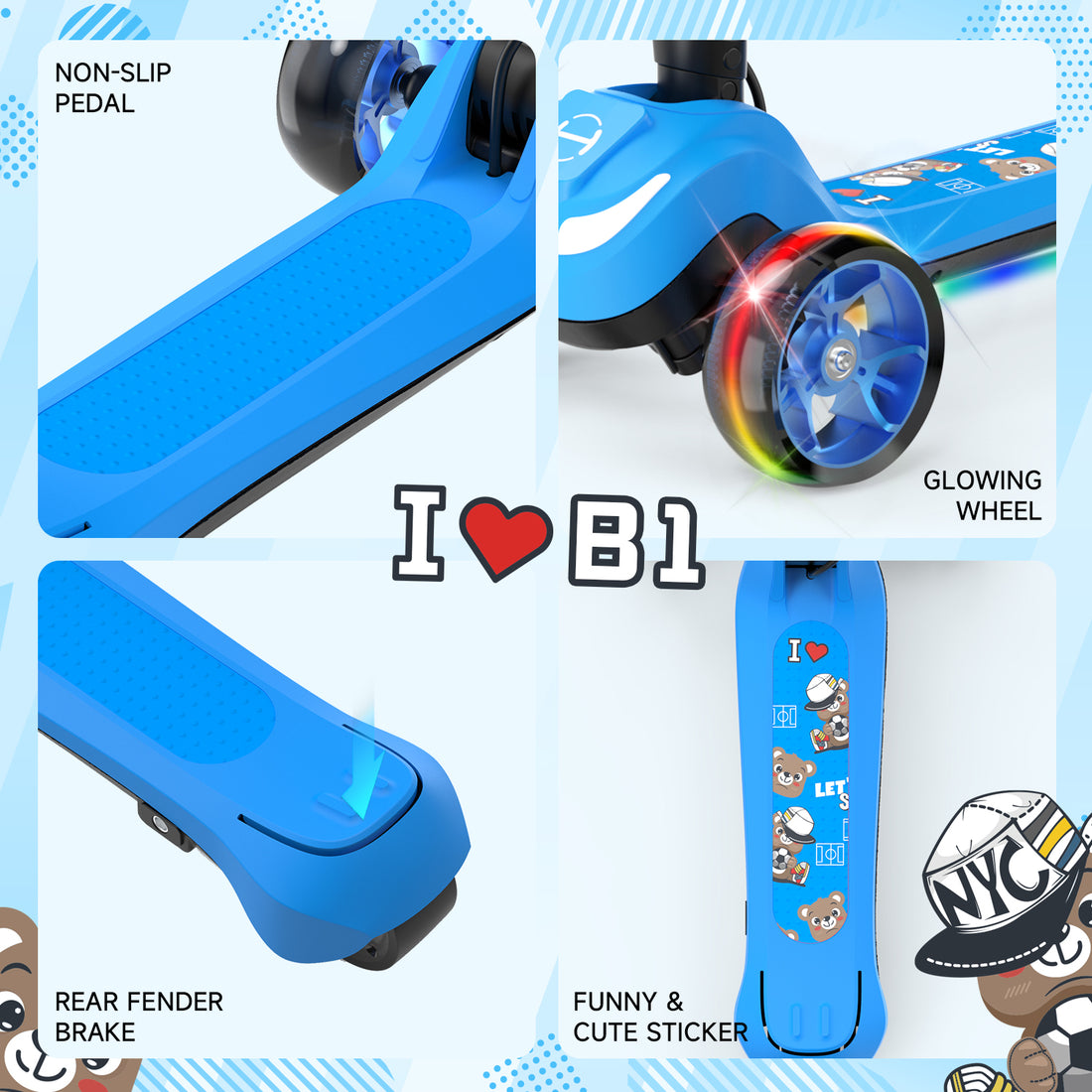 iHoverboard B1 Electric Scooter for Kids Ages 3+, LED Light-up Wheels and Pedal , 70W motor, Foldable and Height Aadjustable Toddler Motorized Scooters, Electric Scooter for Girls/Boys(Blue)
