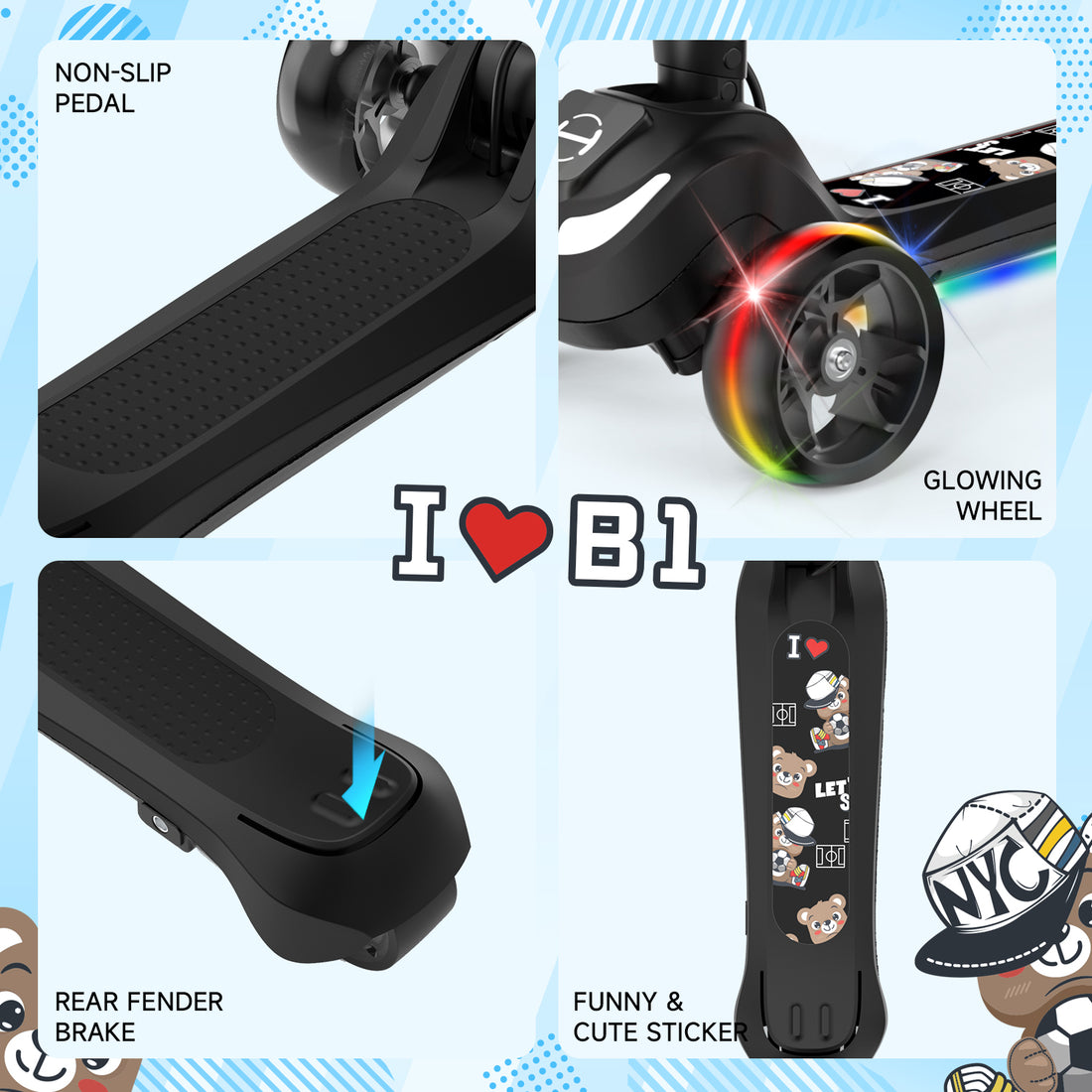 iHoverboard B1 Electric Scooter for Kids Ages 3+, LED Light-up Wheels and Pedal , 70W motor, Foldable and Height Aadjustable Toddler Motorized Scooters, Electric Scooter for Girls/Boys(Black)