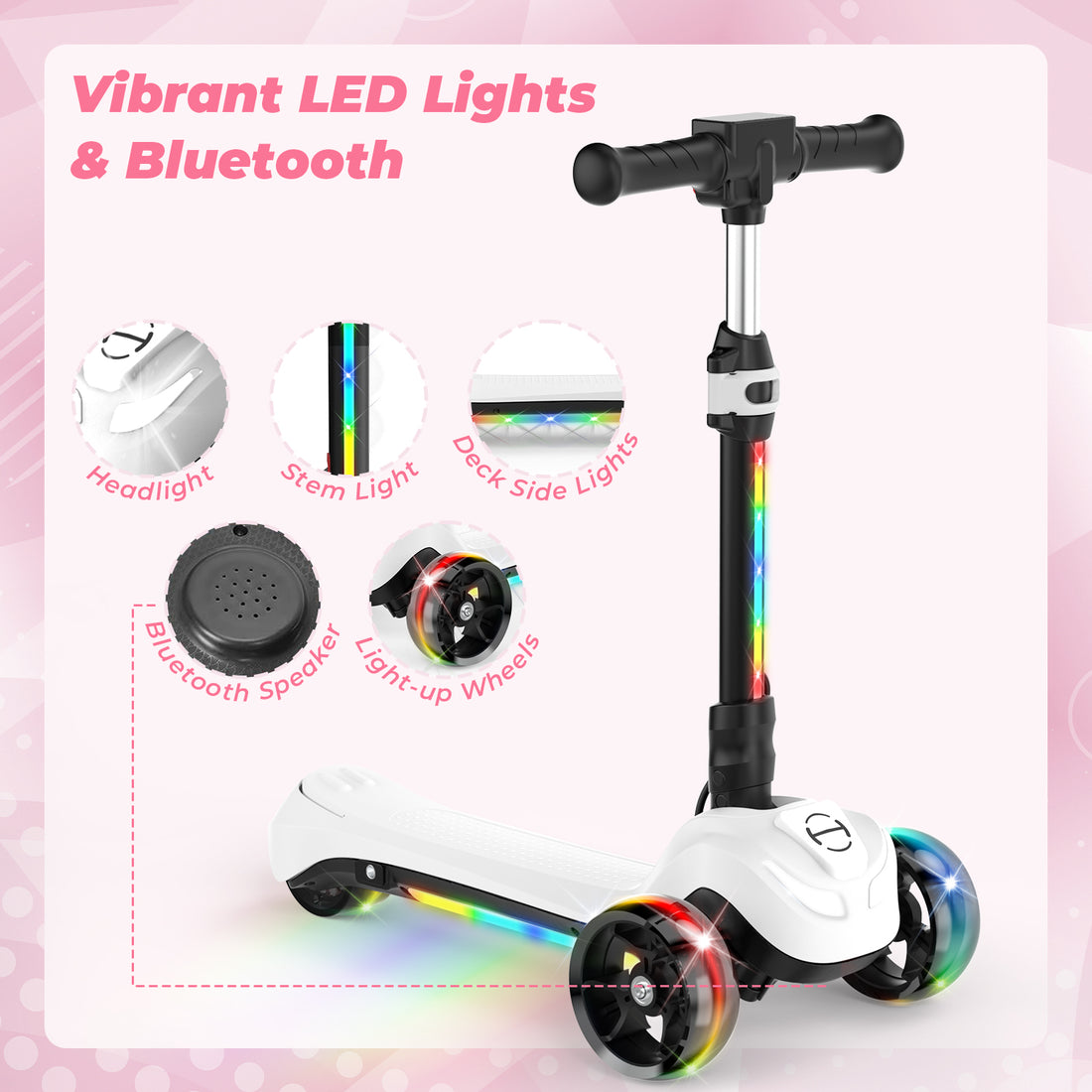 iHoverboard B2 Electric Scooter for Kids Ages 3+, LED Light-up Wheels and Pedal , 100W motor, Foldable and Height Aadjustable Toddler Motorized Scooters, Electric Scooter for Girls/Boys(White)