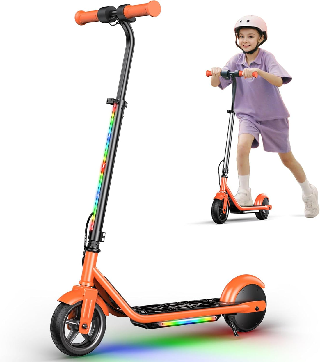 Electric Scooter for Kids, 150W Motor, Simple One-Button Control, 2 Safe Speeds (6/10 MPH), Colorful Lights, Magnetic Charging, Dual Brake System, Ideal Presents for Boys & Girls
