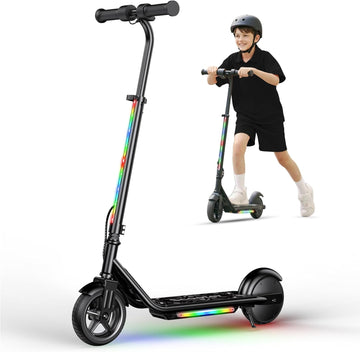 Electric Scooter for Kids, 150W Motor, Simple One-Button Control, 2 Safe Speeds (6/10 MPH), Colorful Lights, Magnetic Charging, Dual Brake System, Ideal Presents for Boys & Girls