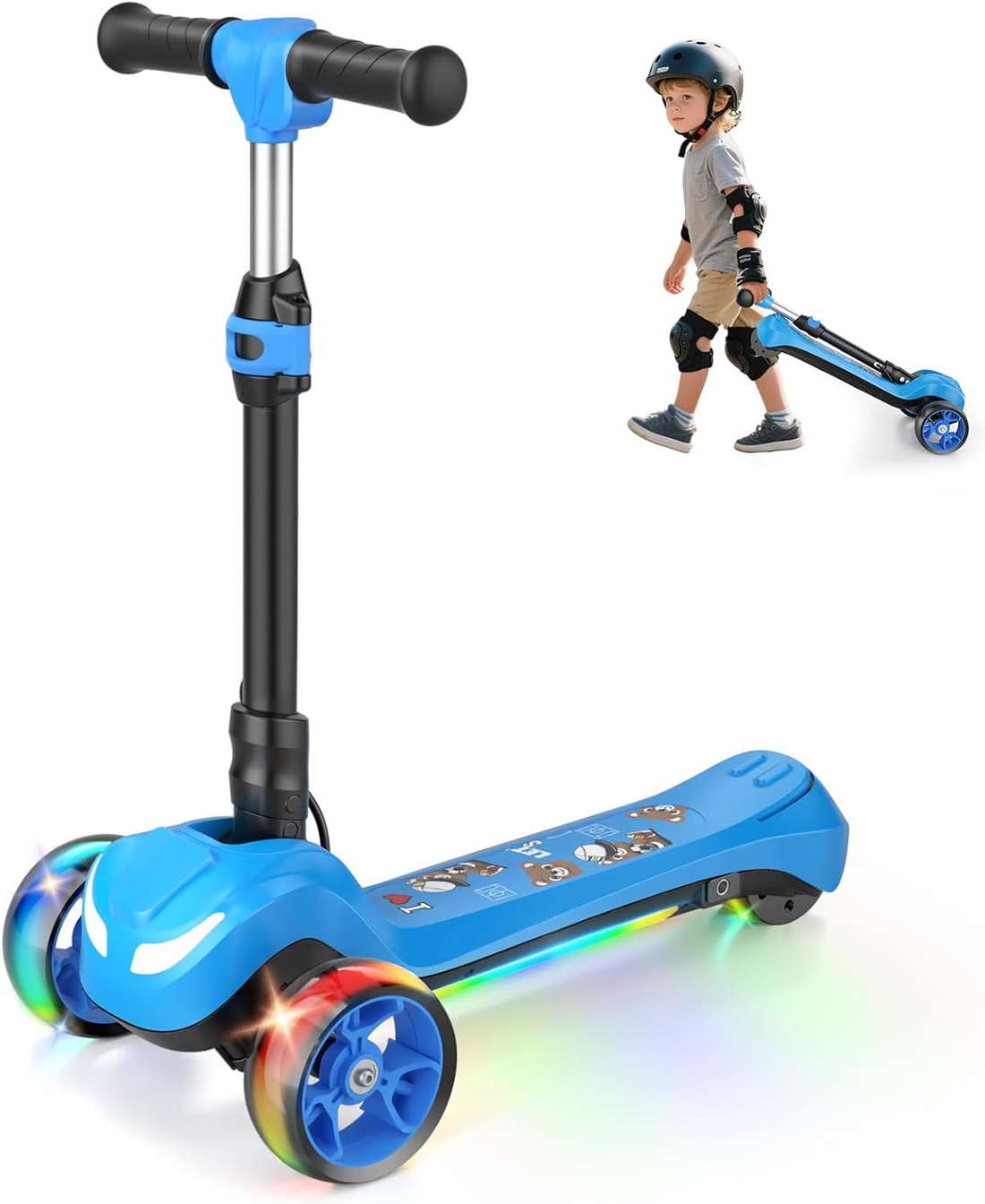 Electric Scooter for Kids Ages 3-12, 3-Wheel Electric Scooter, Electric Kick Scooter with 2 Speed, Long Battery Life, Bluetooth Music, Flashing LED Wheels, Adjustable Height, Gift for Boys/Girls