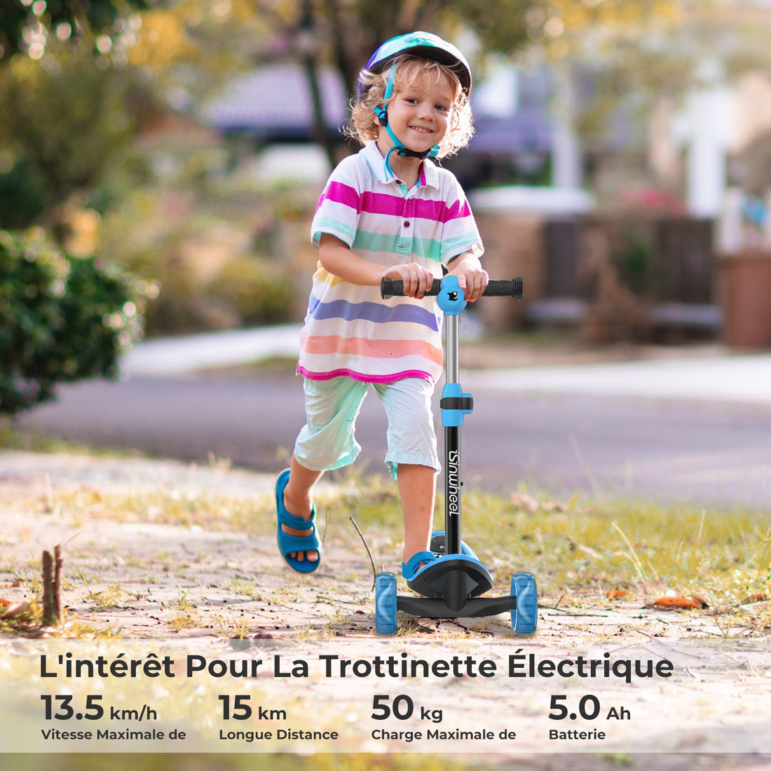 isinwheel Kid 3 Wheels Electric Scooter, Height Adjustable Foldable Kick Scooter for Kids Ages 3-12 with Flashing Wheels for Boys Girls Blue