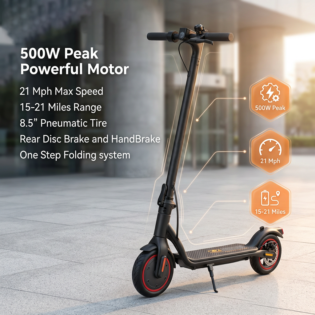 500W Peak Electric Scooter for Adults, Max 21mi Range & 21mph Speed, 8.5'' Tires & Portable Folding Design, Commuting E-Scooter Gift for Teens(Black)