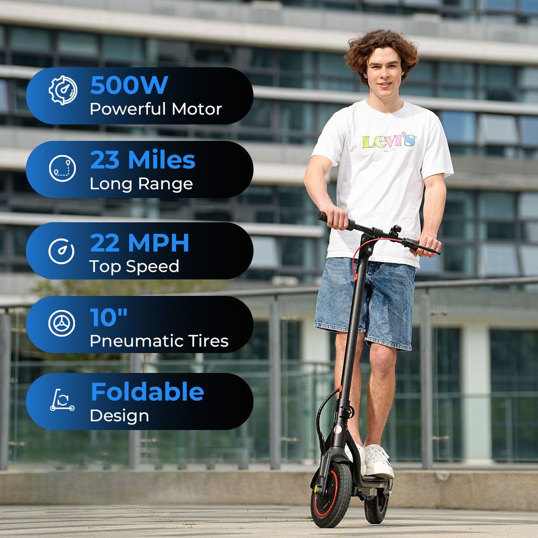 iScooter 500W Electric Scooter for Adults, Max 22Mph & 23Miles, 10" Pneumatic Tire, Foldable Commuting E-Scooter with APP Control, Black
