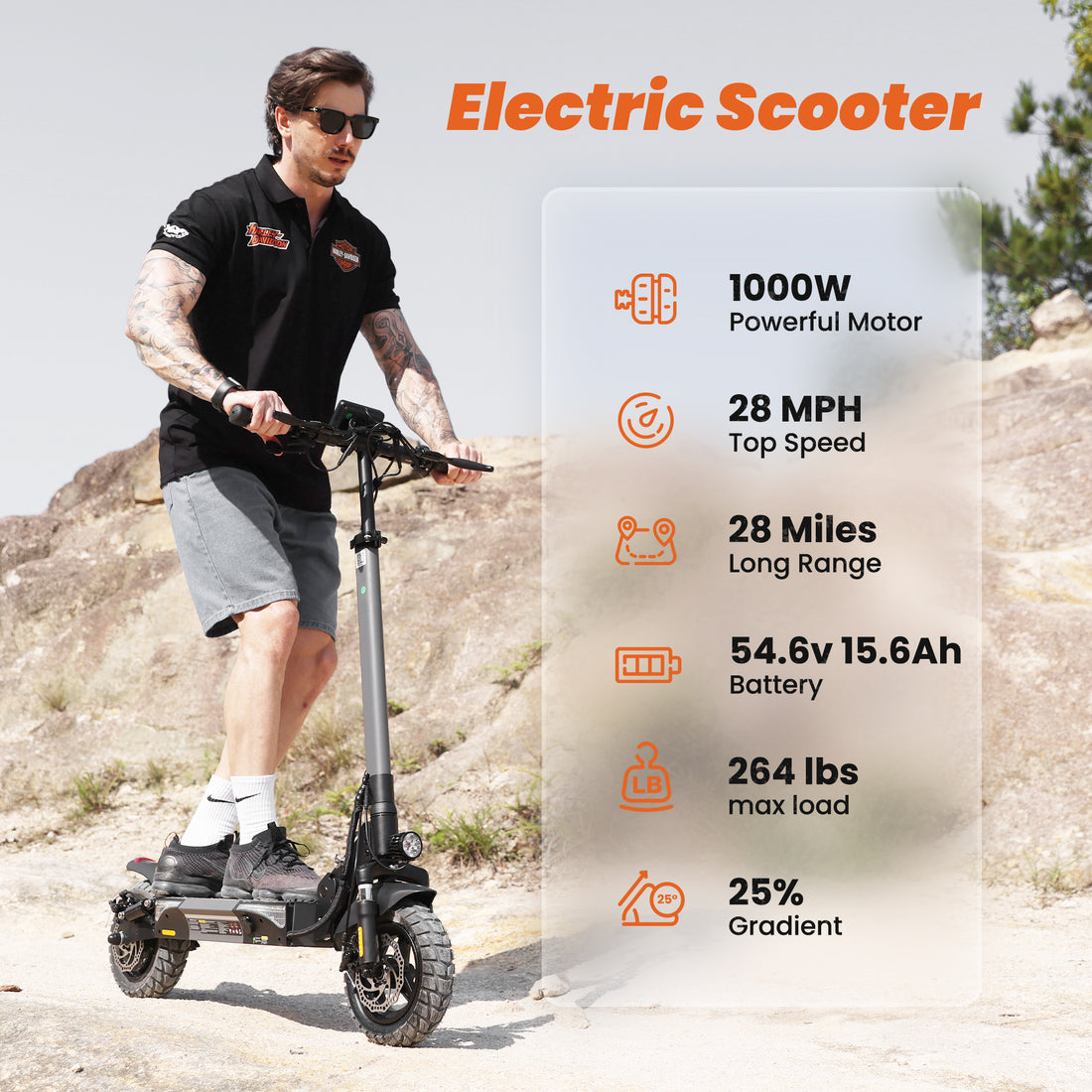 Electric Scooter, 1000W Motor E-Scooter, 28 MPH Top Speed & 28 Miles Max Range, 10" Off Road Tires, Foldable Commuter Scooter for Adults, Dual Braking, Cruise Control,APP Control