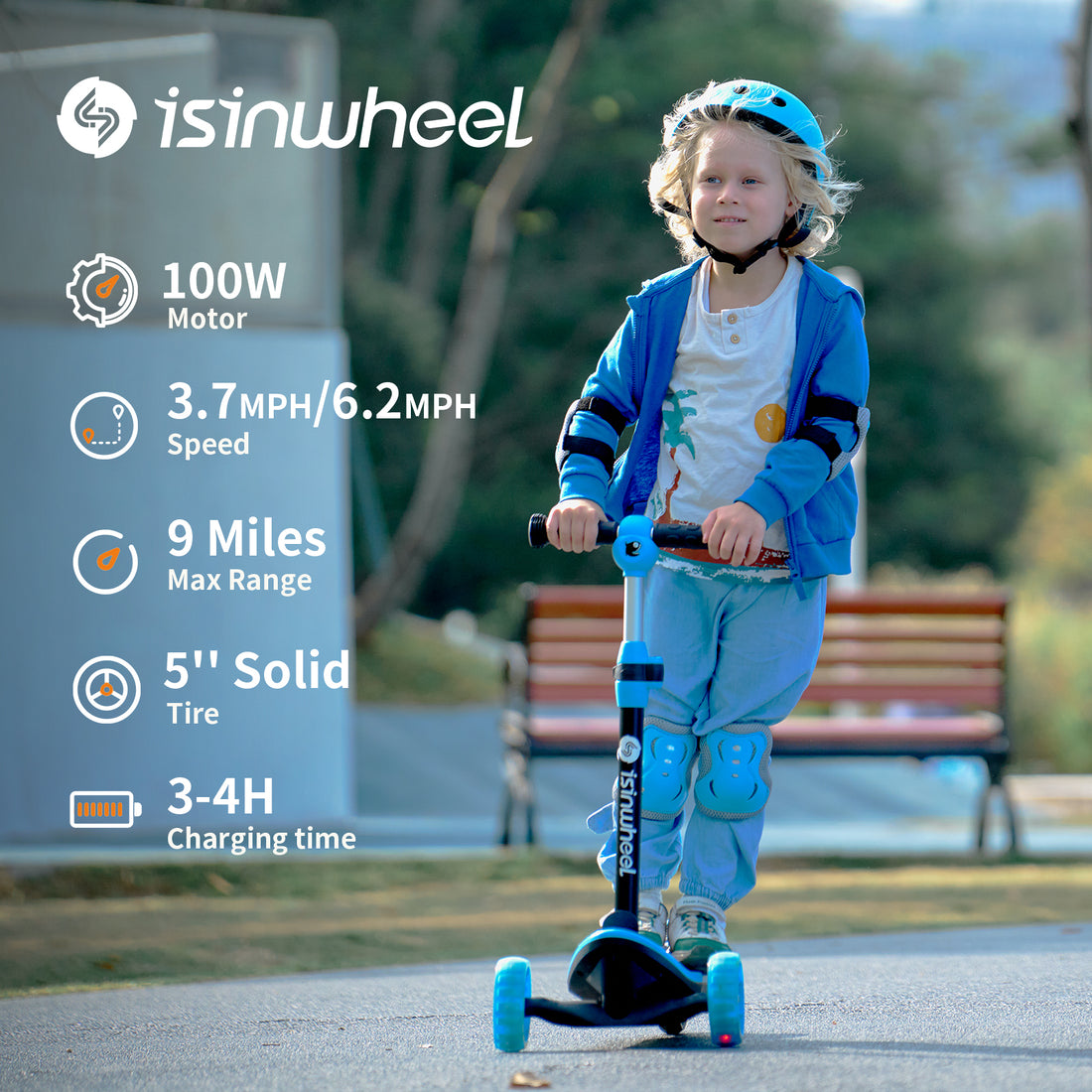 iSinwheel Kid 3 Wheel Electric Scooter, Height Adjustable Folding Pedal Scooter for 3-8 Years Old with Flashing Wheels for Boys and Girls Blue