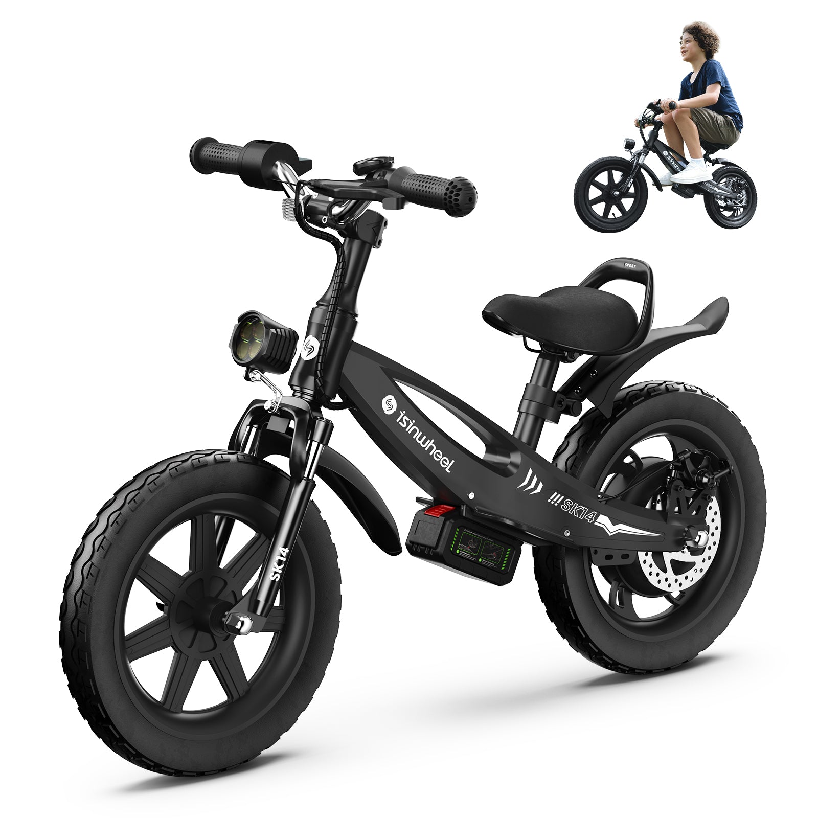 iSinwheel SK14 Electric Balance Bike for Kids 3-8,  3-Speed Gears Max 10 mph Motorcycle , 14'' Pneumatic Tire with Dual Brake, Front Shock Absorption & Magnetic Charging Ride Toy for Boys Girls Black