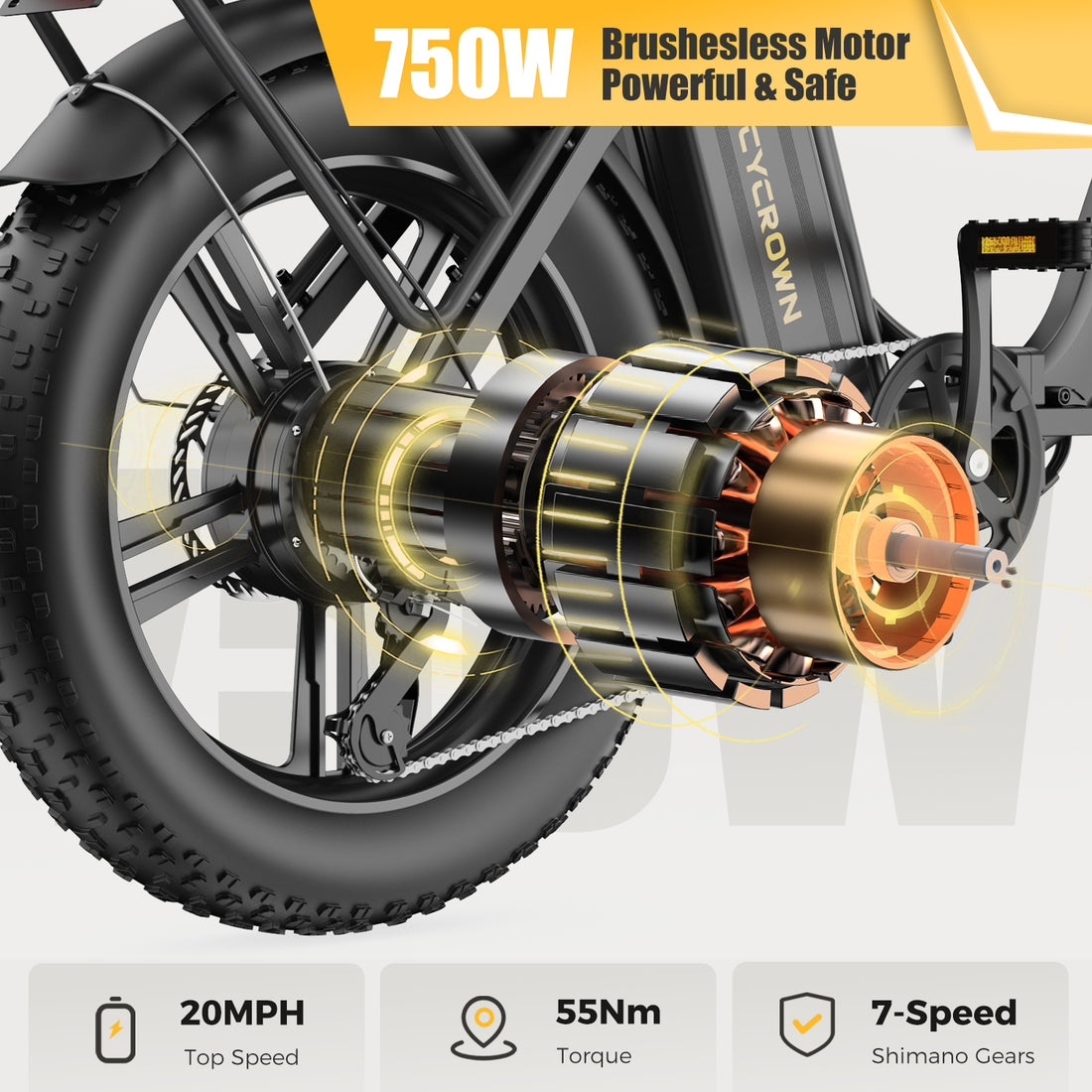 CYCROWN Free Electric Bike Adults, 2XFaster Charge, 48V 12.5AH/20AH Removable Battery, 20" x 4.0 Fat Tire Foldable Electric Bicycle, 750W(Rated:500W) Motor, Dual Shock Absorber, Shimano 7-Speed