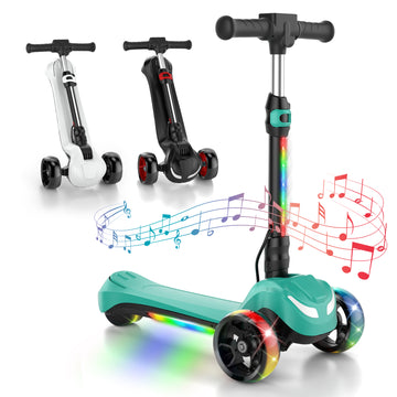 Electric Scooter for Kids Ages 3-8, 3 Wheels Electric Scooter, Electric Kick Scooter with 2 Speed, Long Battery Life, Bluetooth Music, Flashing LED Wheels, Adjustable Height, Gift for Boys/Girls