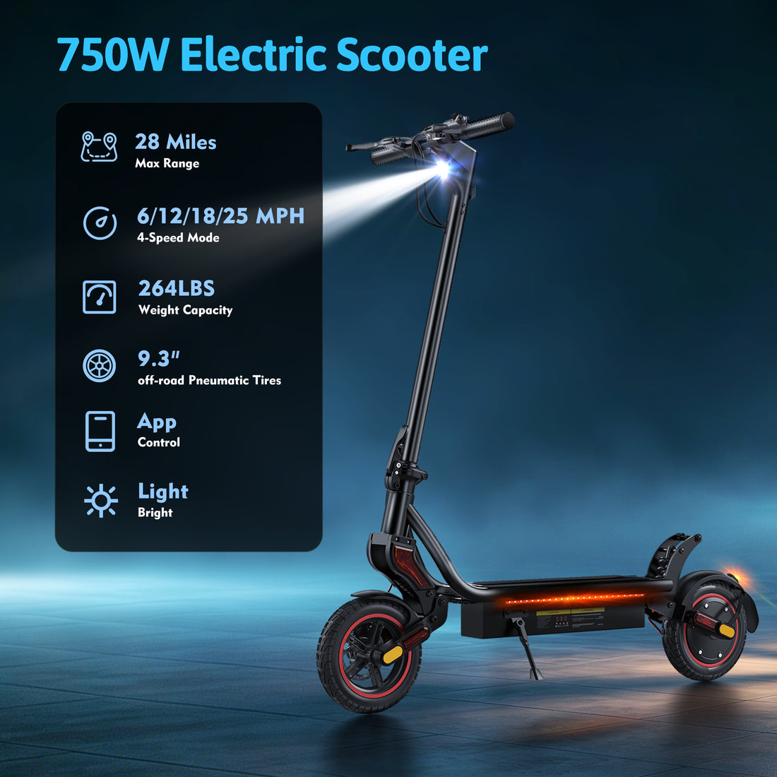 Electric Scooter, 750W Powerful Motor, 25 MPH Top Speed, 28 Miles Long Range, 9.3" Pneumatic Off-Road Tires, Dual Brakes & Dual Shock Absorption, APP Control Folding Commuting E Scooter for Adults
