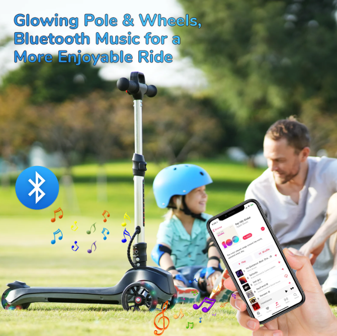 iScooter Electric Scooter for Kids Ages 3-6, Bluetooth Music Speaker, LED Light-up Wheels, Thumb Accelerator, 3-Adjustable Height Toddler Motorized Scooters, 3-Wheels Electric Scooter for Girls/Boys