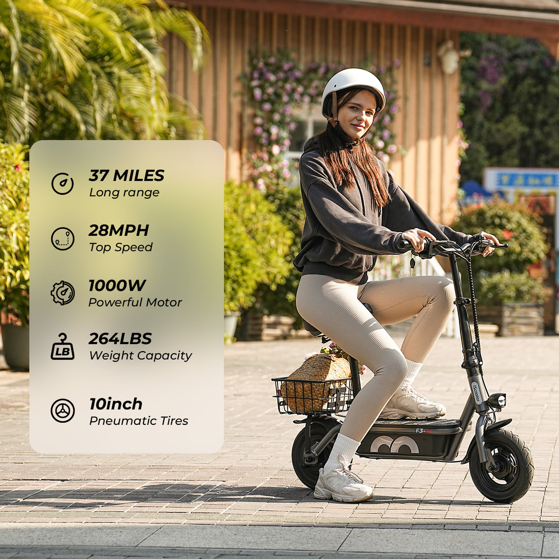 iScooter F3 1000W Electric Scooter with Seat,Folding Electric Scooter for Adults with 10" Tires up to 28 MPH and 37 Miles Range