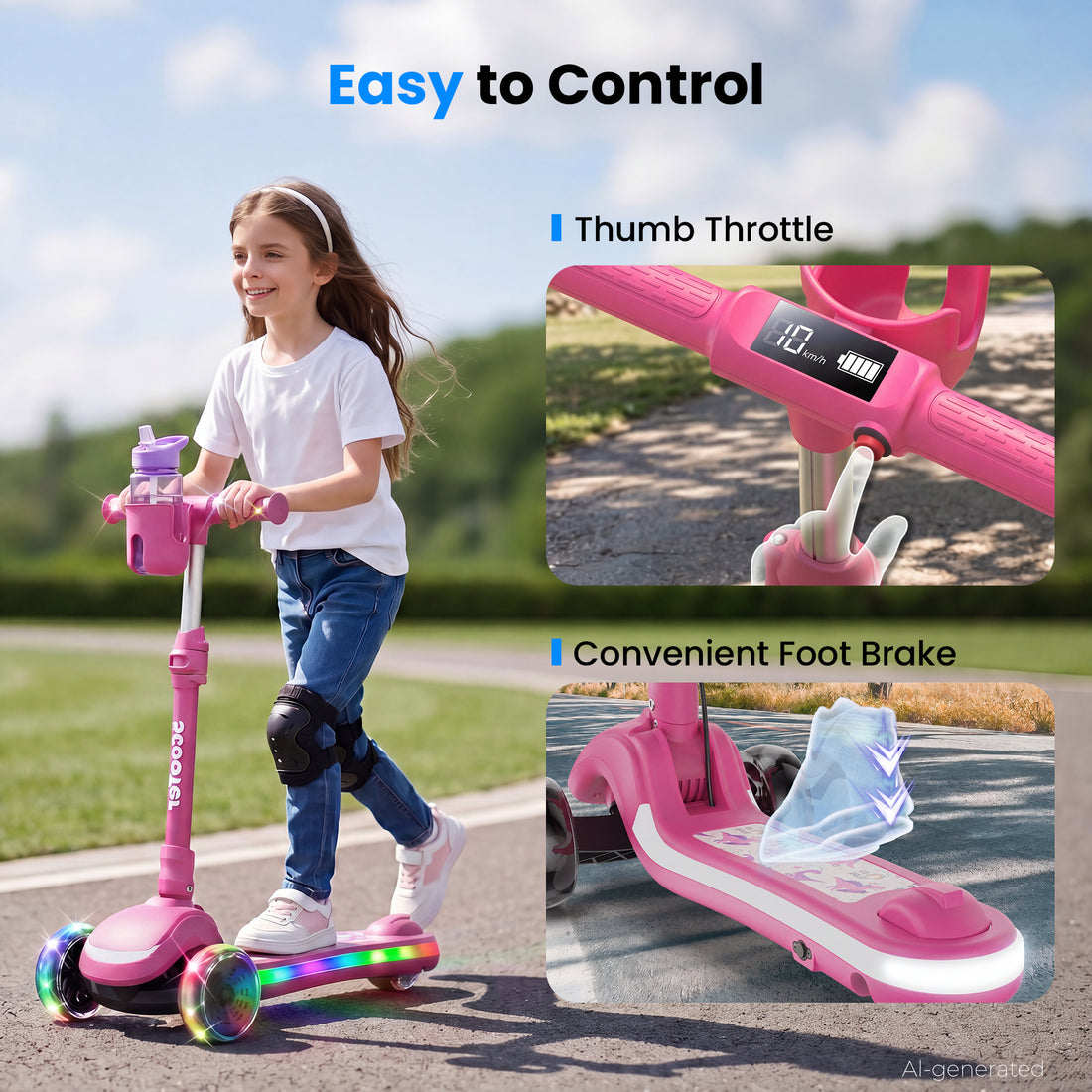 Electric Scooter for Kids Ages 3-10, 3 Wheels Kids Electric Scooter, LED Display, Thumb Throttle, 2 Safe Speeds, 3 Adjustable Height, Long Battery Life, Flashing LED Wheels,E-Scooter for Boys/Girls