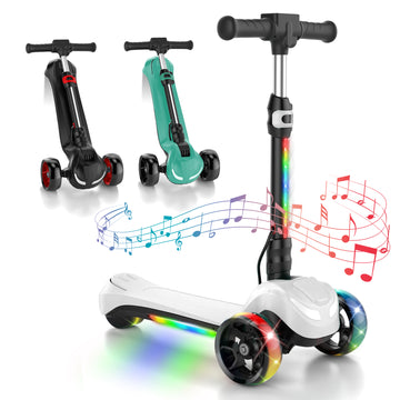 Electric Scooter for Kids Ages 3-8, 3 Wheels Electric Scooter, Electric Kick Scooter with 2 Speed, Long Battery Life, Bluetooth Music, Flashing LED Wheels, Adjustable Height, Gift for Boys/Girls
