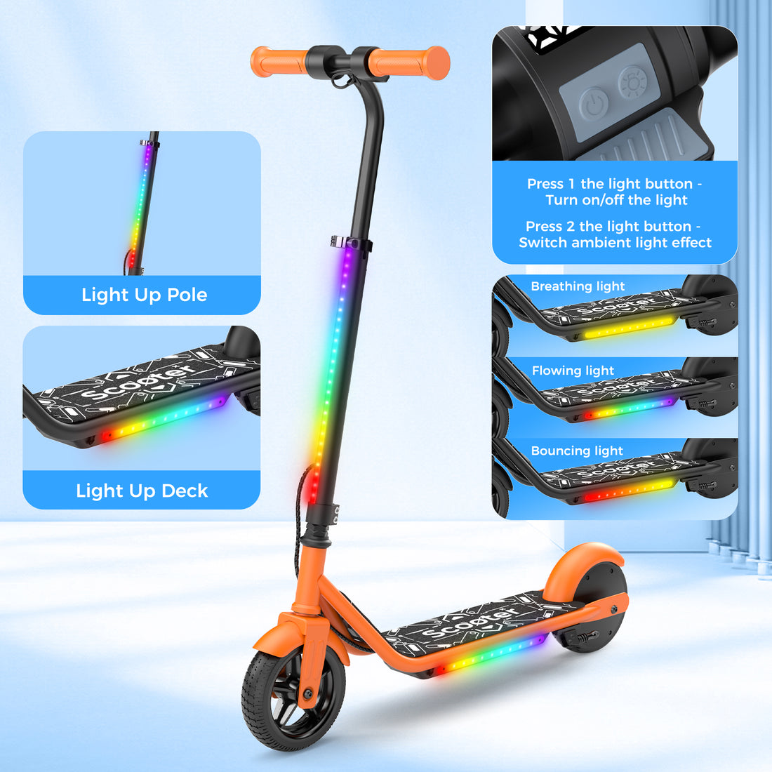 iScooter Electric Scooter for Teens Kids 6-12, Up to 9KM Miles 10 MPH MAX, Kids Escooter with 3-Speed & 3-Modes of Lighting, Dual Breaking & Adjustable Height E-Scooter for Boys Girls Orange