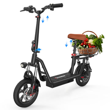 iScooter 500W Electric Scooter with Seat for Adult, 12" Commuter E-Scooter Up to 21 Miles 15.5 MPH with Dual Shock Absorbers and Basket