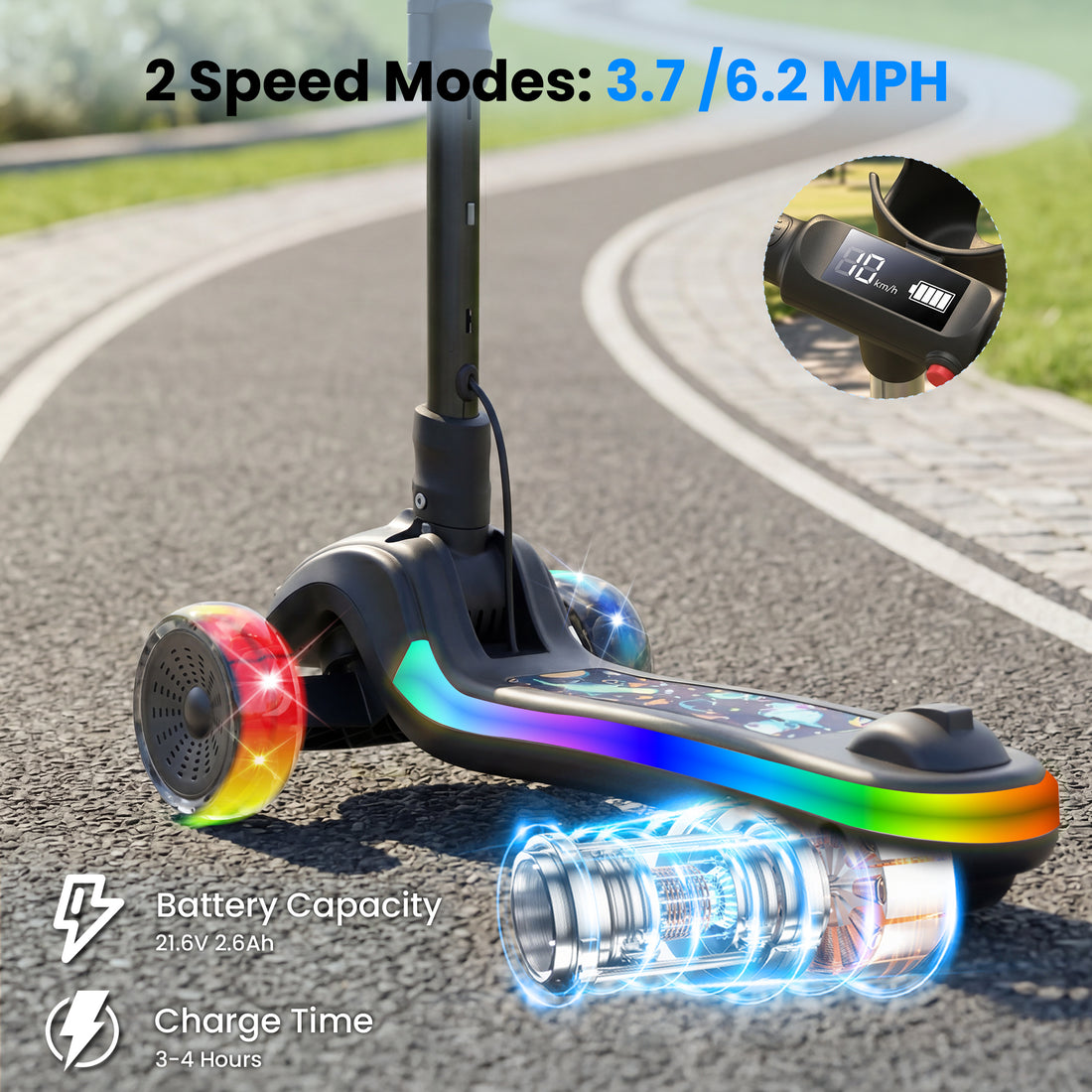 Electric Scooter for Kids Ages 3-10, 3 Wheels Kids Electric Scooter, LED Display, Thumb Throttle, 2 Safe Speeds, 3 Adjustable Height, Long Battery Life, Flashing LED Wheels,E-Scooter for Boys/Girls