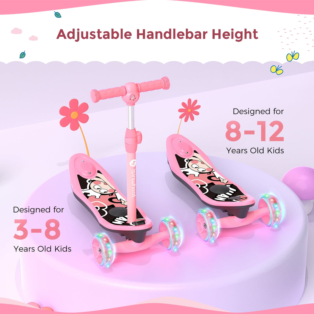 isinwheel Kid 3 Wheel Electric Scooter, Height Adjustable Folding Pedal Scooter for 3-12 Years Old with Flashing Wheels for Boys and Girls Pink(Gift Box)
