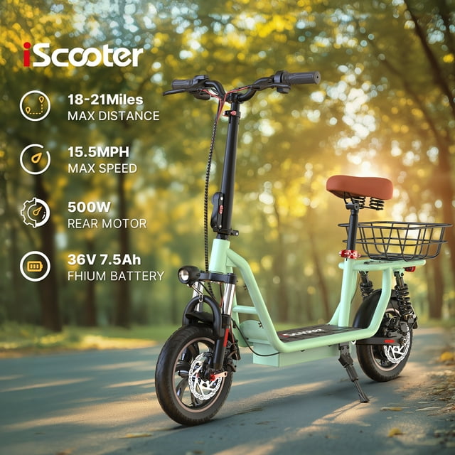 iScooter 500W Electric Scooter with Seat for Adult, 12" Commuter Electric Scooter Up to 21 Miles 15.5 MPH with Dual Shock Absorbers and Basket