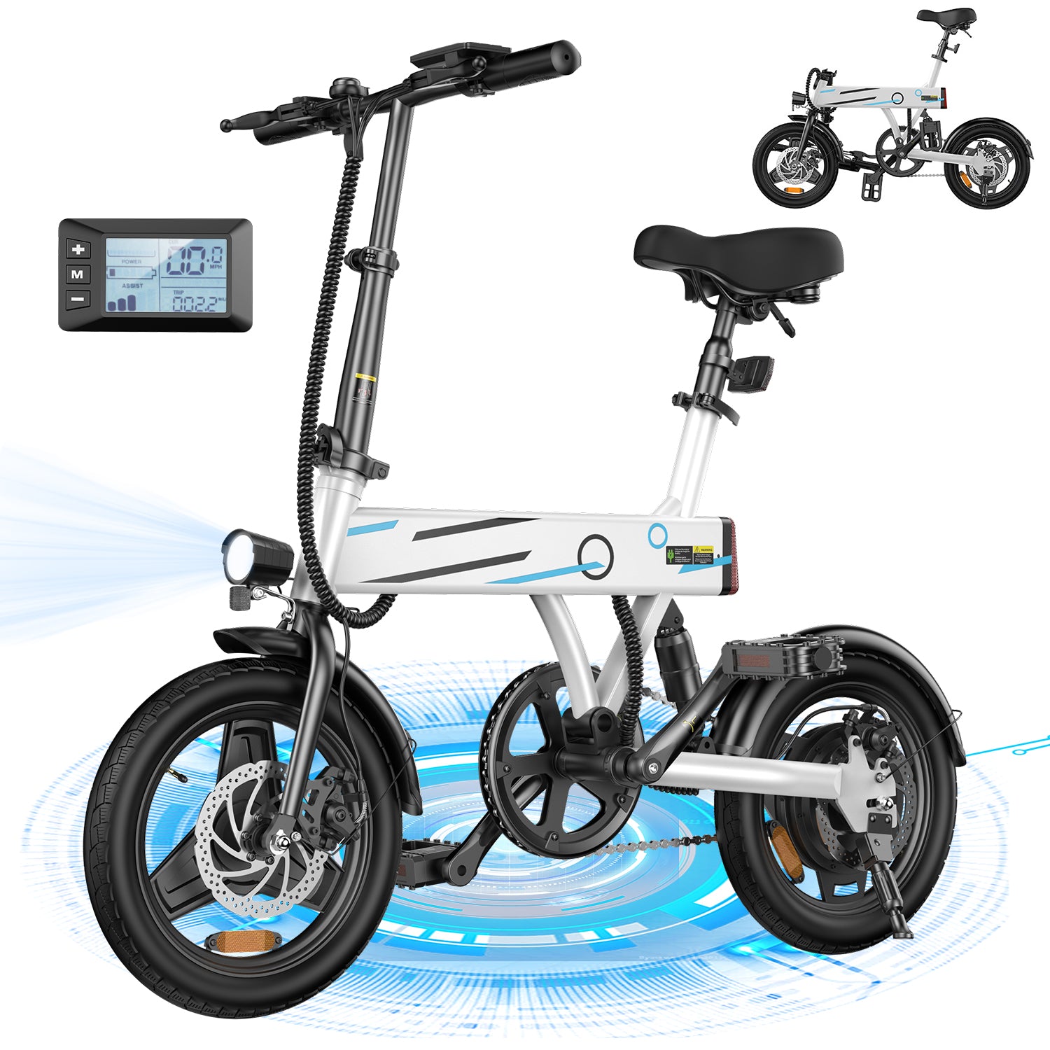 750W Peak Folding Electric Bike for Adult Teens,20MPH 36V/7.8AH,14" Commuter City Ebike,White