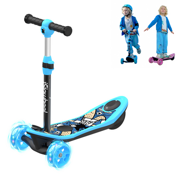 iSinwheel Kid 3 Wheel Electric Scooter, Height Adjustable Folding Pedal Scooter for 3-8 Years Old with Flashing Wheels for Boys and Girls Blue