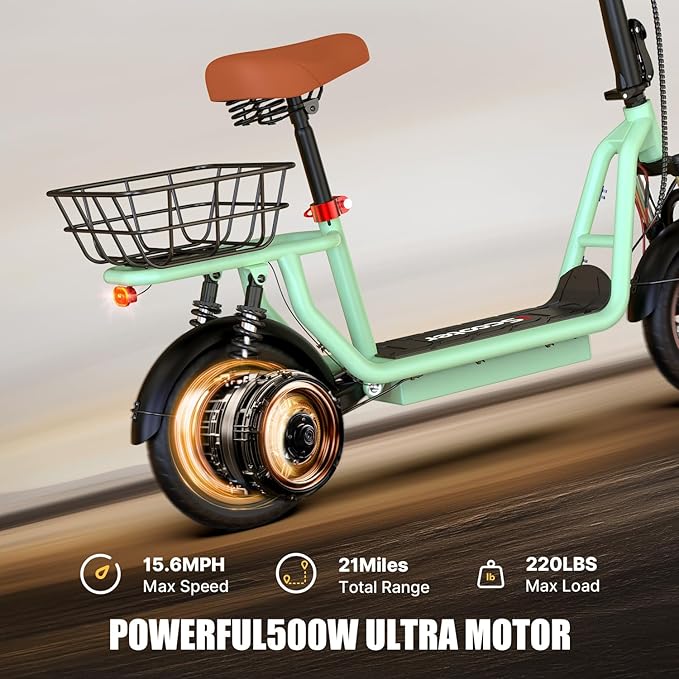 iScooter Electric Scooter with Seat, 34/21 Miles Long Range & 21/15.6 Mph Top Speed, 14"/12'' Pneumatic Tire, Height Adjustable Seat &Handlebar, Dual Suspensions Commuting Scooter with Basket