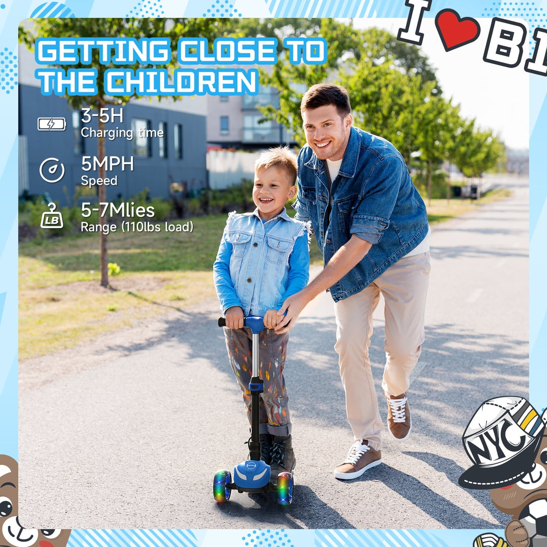 iHoverboard B1 Electric Scooter for Kids Ages 3+, LED Light-up Wheels and Pedal , 70W motor, Foldable and Height Aadjustable Toddler Motorized Scooters, Electric Scooter for Girls/Boys(Blue)