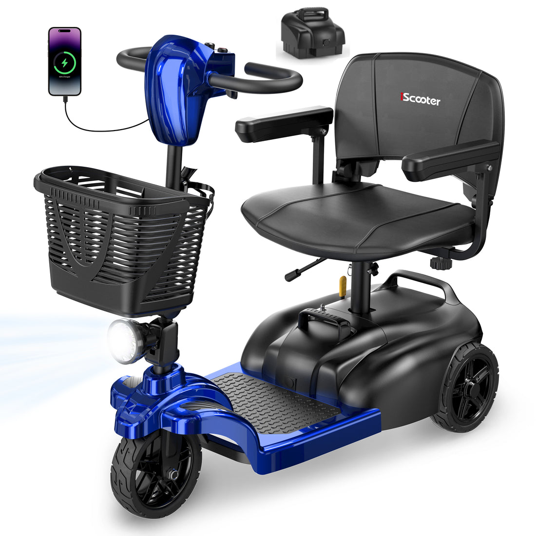 iScooter Mobility Scooter with Extra Batteries, 3 Wheel Mobility Scooter for Adults & Seniors, Electric Wheelchair Device with LED Headlight, Basket, Cup Holder, Lightweight, Smaller Turning Radius