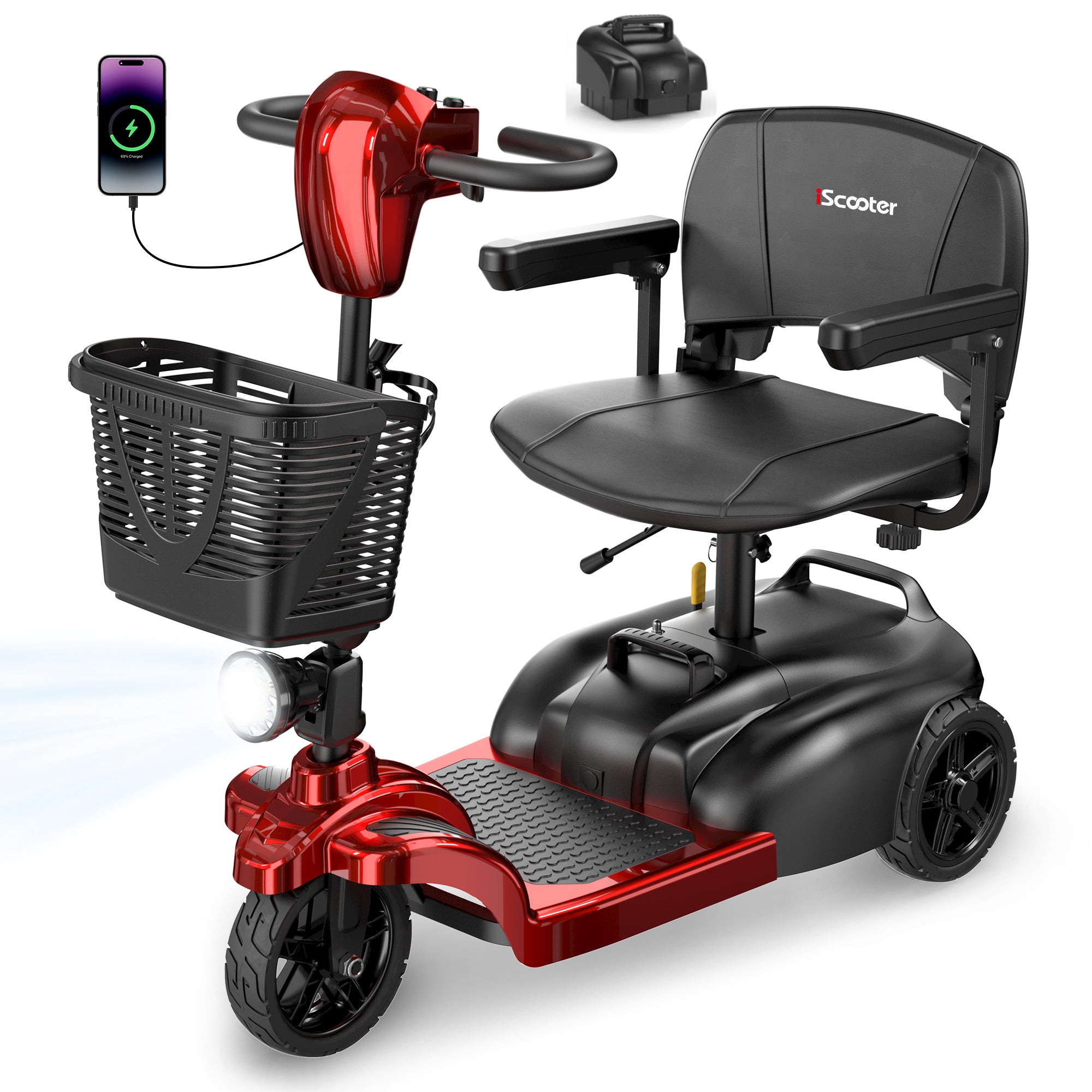 iScooter Mobility Scooter with Extra Batteries, 3 Wheel Mobility Scooter for Adults & Seniors, Electric Wheelchair Device with LED Headlight, Basket, Cup Holder, Lightweight, Smaller Turning Radius