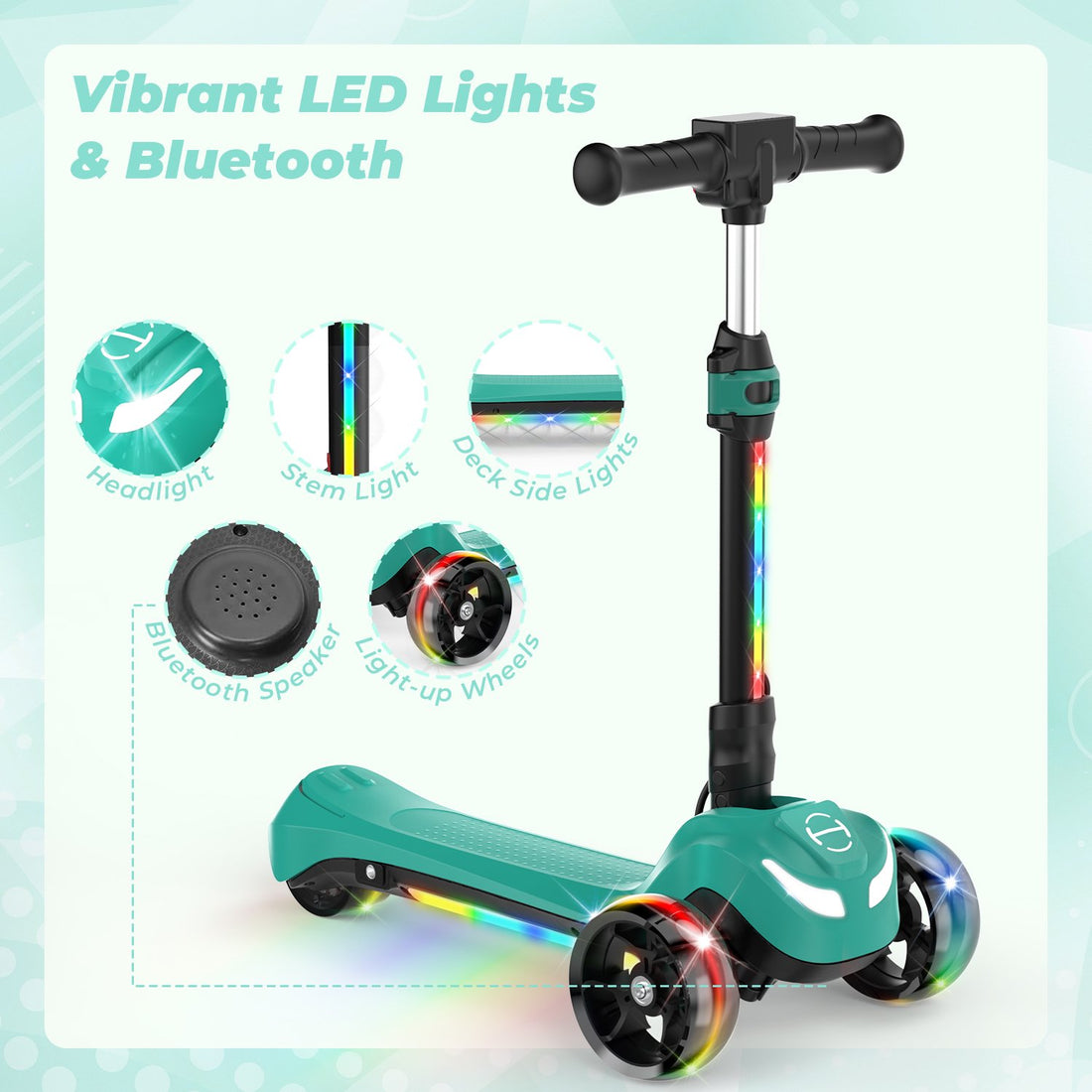 iHoverboard B2 Electric Scooter for Kids Ages 3+, LED Light-up Wheels and Pedal , 100W motor, Foldable and Height Aadjustable Toddler Motorized Scooters, Electric Scooter for Girls/Boys(Green)