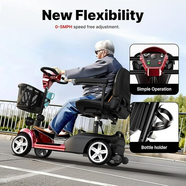 iScooter Mobility Scooter, Electric Wheelchair Device, 4 Wheel Mobility Scooter for Adults, LED Headlight, Basket, Cup Holder, Back-Up Alarm Bell, Detachable, Lightweight and Convenient