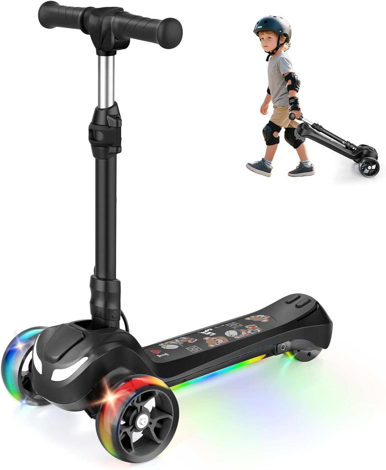 Electric Scooter for Kids Ages 3-12, 3-Wheel Electric Scooter, Electric Kick Scooter with 2 Speed, Long Battery Life, Bluetooth Music, Flashing LED Wheels, Adjustable Height, Gift for Boys/Girls