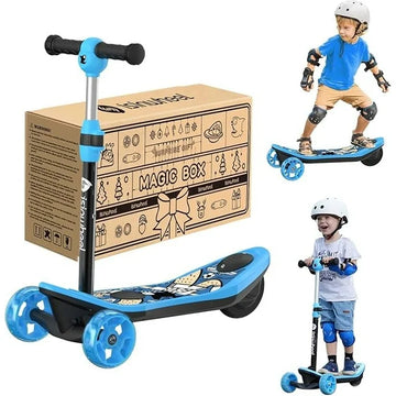 iSinwheel Kid 3 Wheel Electric Scooter, Height Adjustable Folding Pedal Scooter for 3-8 Years Old with Flashing Wheels for Boys and Girls Blue (Gift Box)
