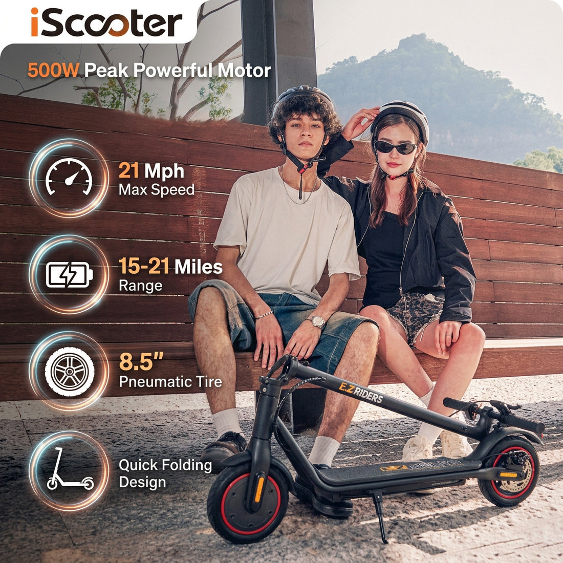 Electric Scooter for Adults, Up to 21Mph & 21Miles, 500W Peak 8.5" Pneumatic Tire, Commuting E-Scooter with APP Control, Orange